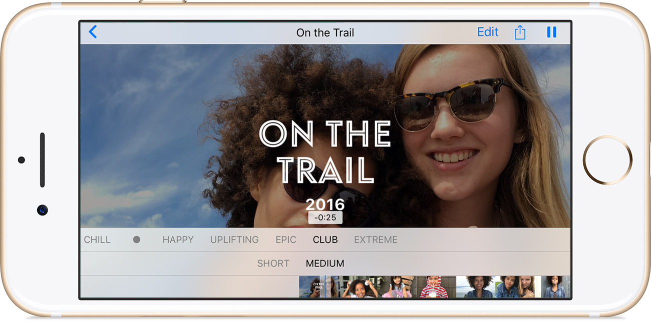 Présentation des choix de musique et possibilité d’ajustement de la longueur du «&nbsp;film souvenir&nbsp;» © Apple