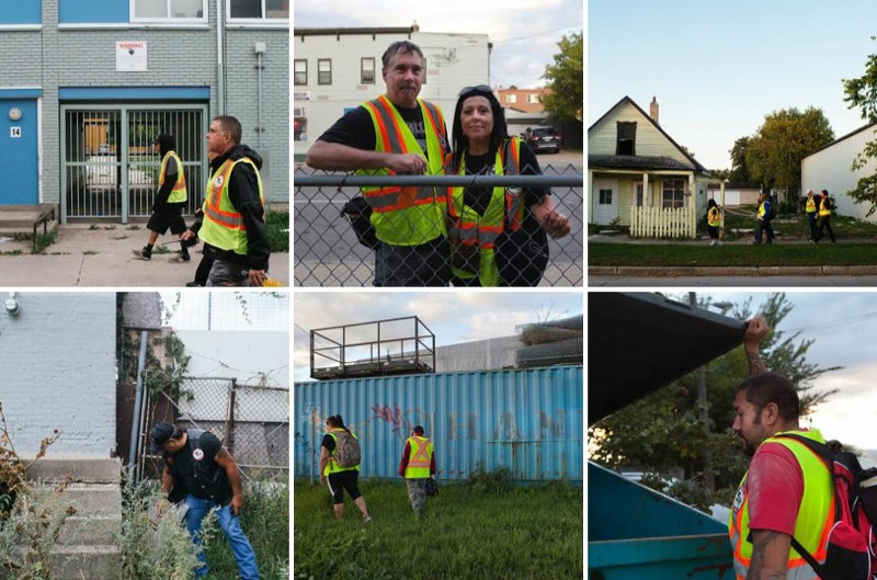 The Bear Clan, les volontaires de l’organisme&nbsp;: (de gauche à droite) Shane Yaworski, Debbie Yaworski, James Favel et Aaron Stevens. Photographes&nbsp;: Mark Reimer (1,3,4), Karen Asher (2,5,6). Capture d’écran de la page Instagram What Brings Us Here.