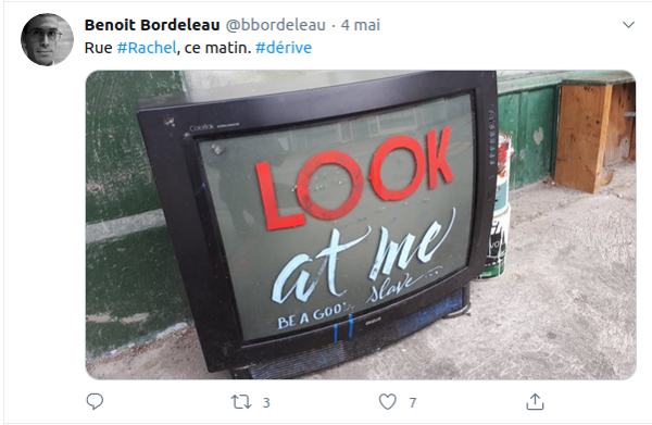 Capture d’écran d’un tweet du projet Dérive(s), © Benoit Bordeleau, 2020