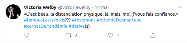 Capture d’écran d’un tweet du projet Dérive(s), © Victoria Welby, 2020