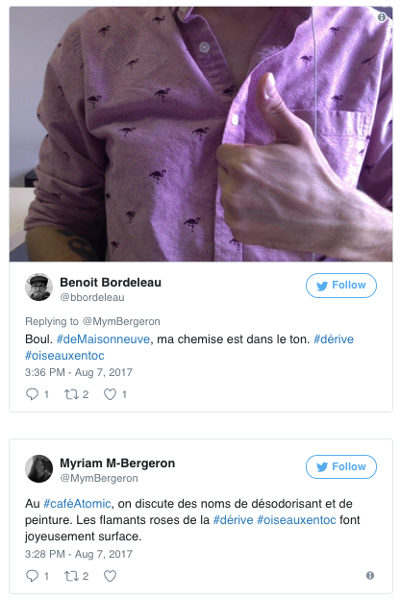Capture d’écran d’un échange de tweets du projet Dérive(s), © Benoit Bordeleau et Myriam Marcil-Bergeron, 2017