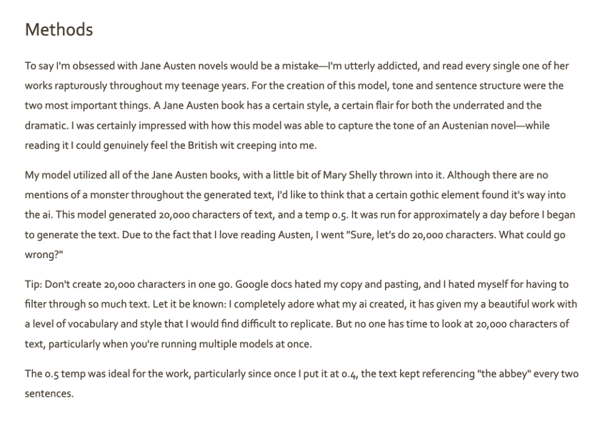 Rapport d’Isadora Lamego au système algorithmique utilisé pour sa génération de texte Of Crying and Captains.