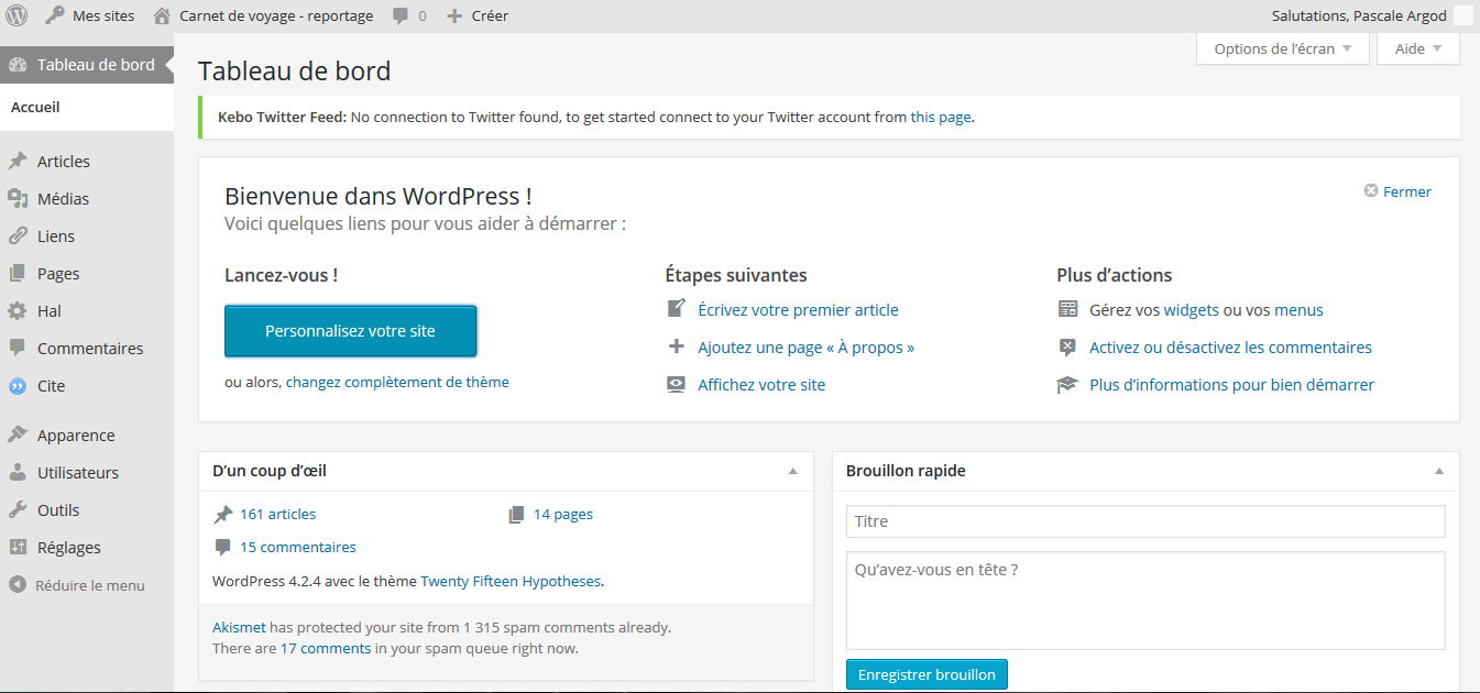 Tableau de bord du carnet de recherche Carnet de voyage - reportage&nbsp;: intermédialité, interculturalité, médiation, patrimoine (Pascale Argod) édité sur Hypotheses.org.